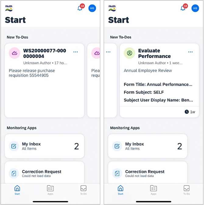 Nutzeroberfläche der SAP Mobile Start App