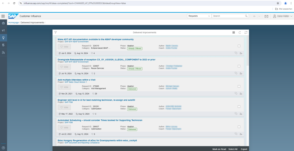 Screenshot von der SAP-Website, auf der man Requests - also Verbesserungen - einstellen kann